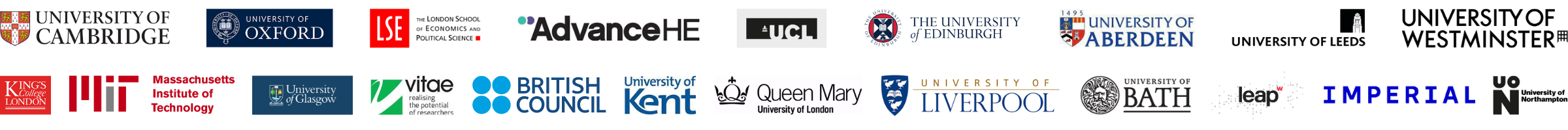 higher-education-clients-logo-collage Logos of Higher Education institutions and organizations including University of Cambridge, University of Oxford, MIT, King's College London, British Council, LSE, AdvanceHE, University of Glasgow, and others.